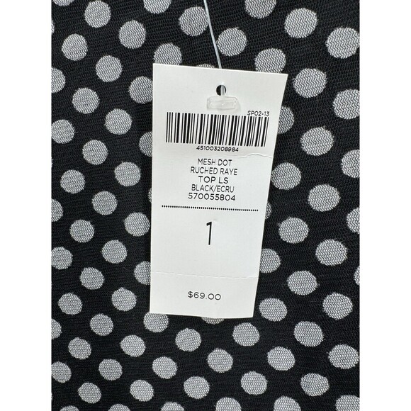 Chicos Polka Dot Lined Raye Top Size 1 (M/8) Black Mesh Sleeves Ruched Sides NEW - Picture 4 of 10